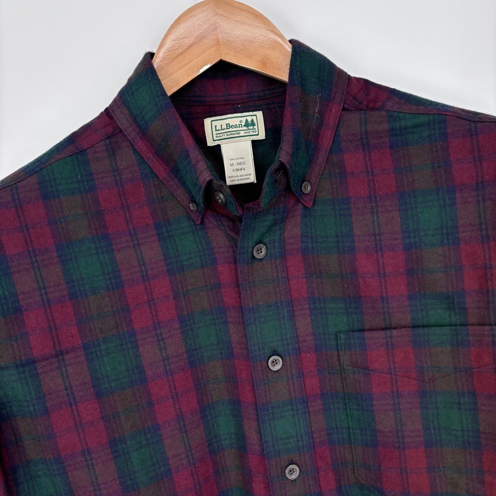 LL Bean Flannel Shirt Mens M Regular Burgundy Green‎ Plaid Heritage Outdoor